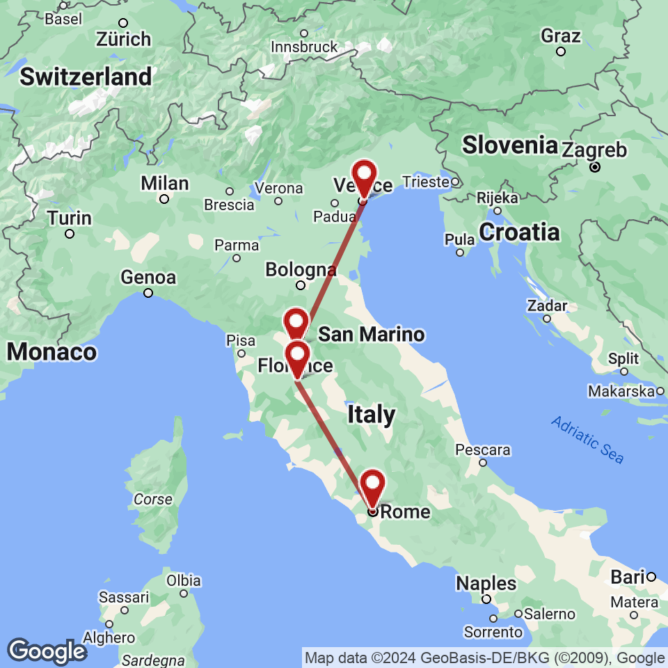 Route for Rome, Castellina in Chianti, Florence, Venice tour